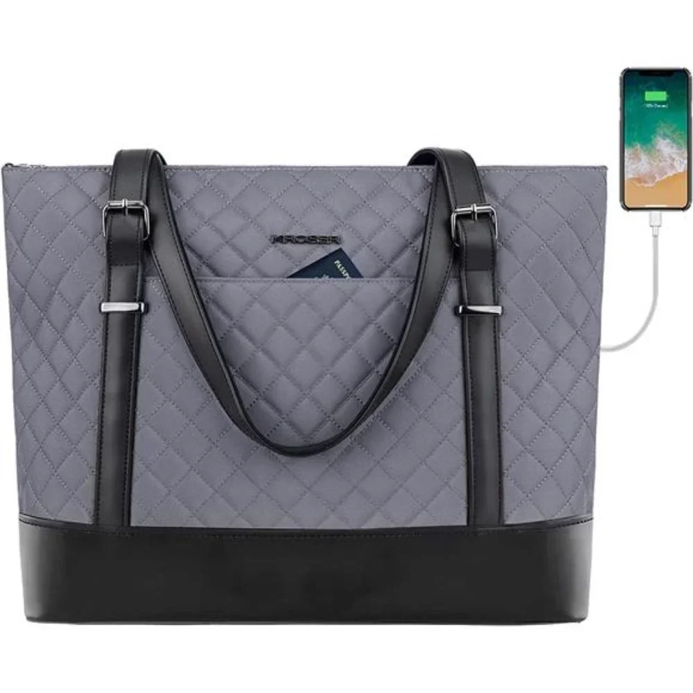 Laptop Tote Bag 15.6 Inch with USB Port, Large for Women - Grey